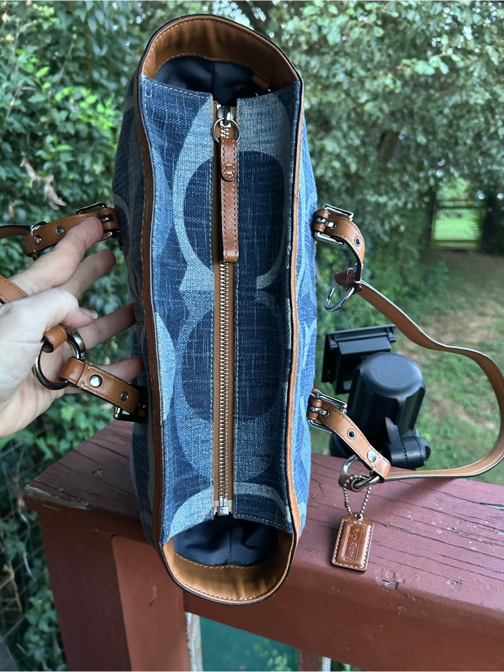 Coach Blue Signature East/West Gallery Denim Tote with Brown Leather Accents - Picture 9 of 14